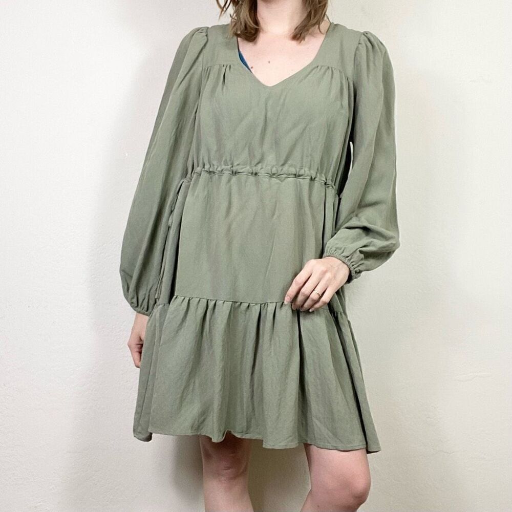 Mittoshop Boutique Sage Green Tiered Oversized Long Sleeve Mini Dress Size S